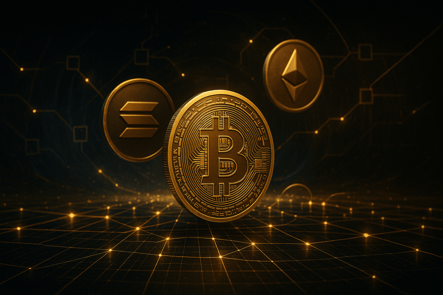 Bitcoin, Ethereum in Solana na digitalnem ozadju – ilustracija blockchain tehnologije